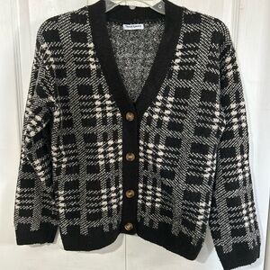 Theo & Spence Black and White Plaid Sweater Cardigan size XS